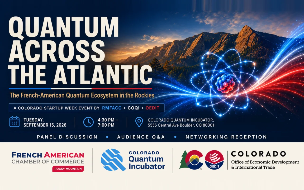 Quantum Across the Atlantic event graphic on the French-American quantum ecosystem in the Rockies, Colorado Startup Week, September 15, 2026.