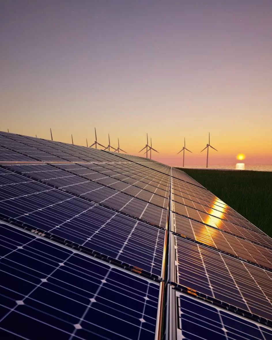 Solar panel array at sunset with an offshore wind farm on the horizon, clean tech energy generation.